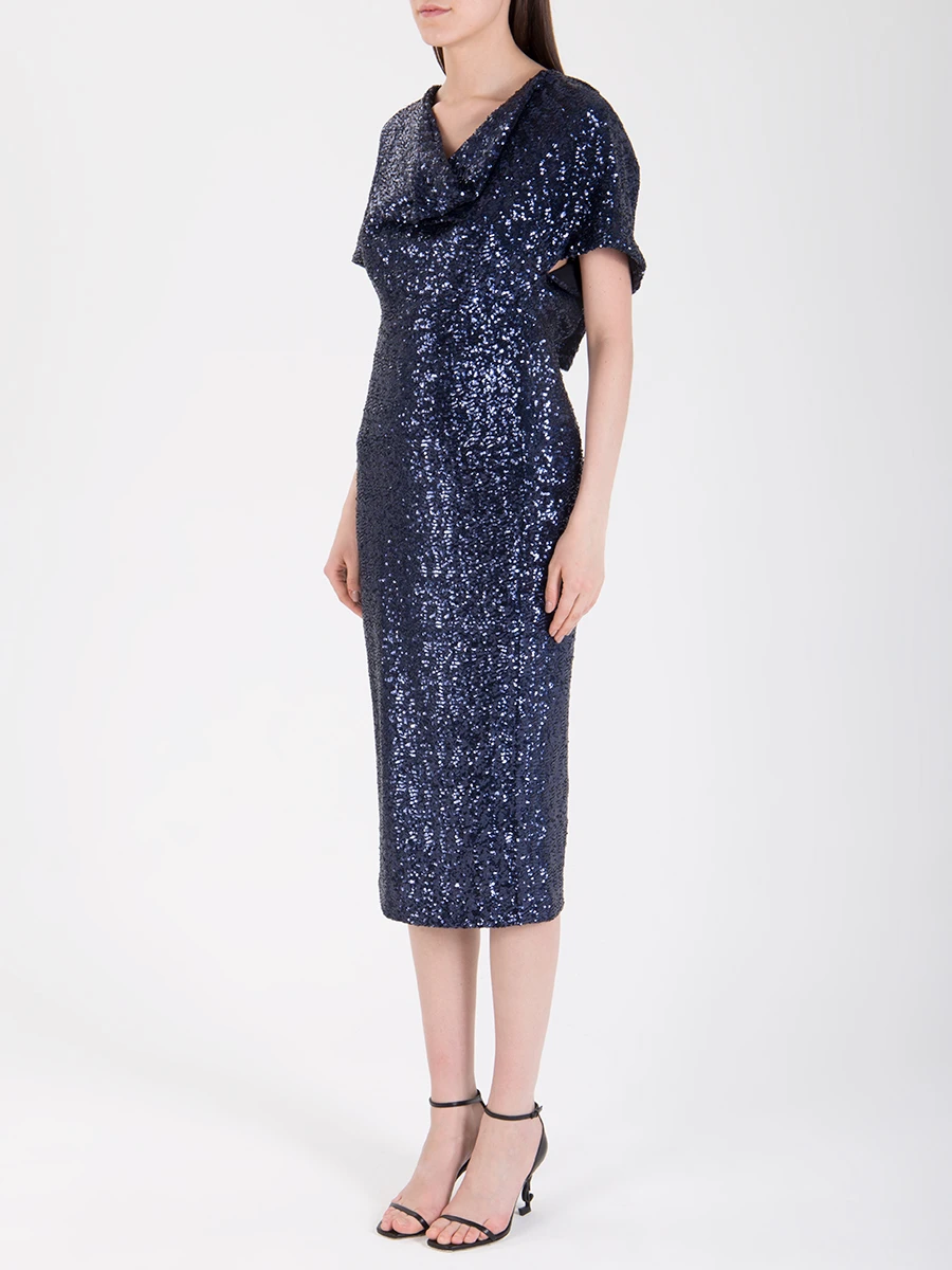 Шелковое платье с пайетками ROLAND MOURET PS19 S0494 F0052 С1082 Синий  Фото 4