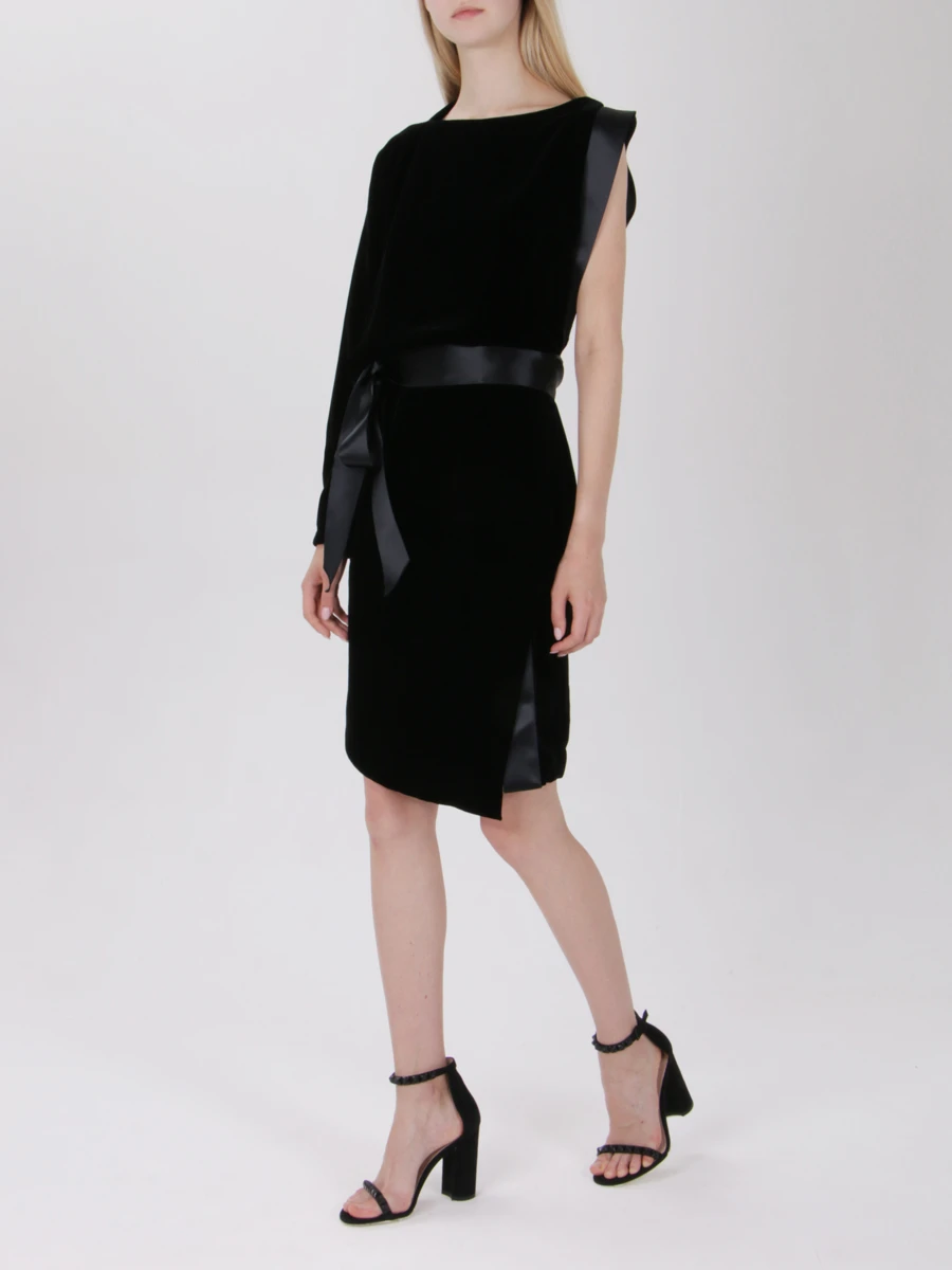 Платье бархатное с поясом ALEXANDRE VAUTHIER DR713/бархат/1 рукав Черный Черный  Фото 2
