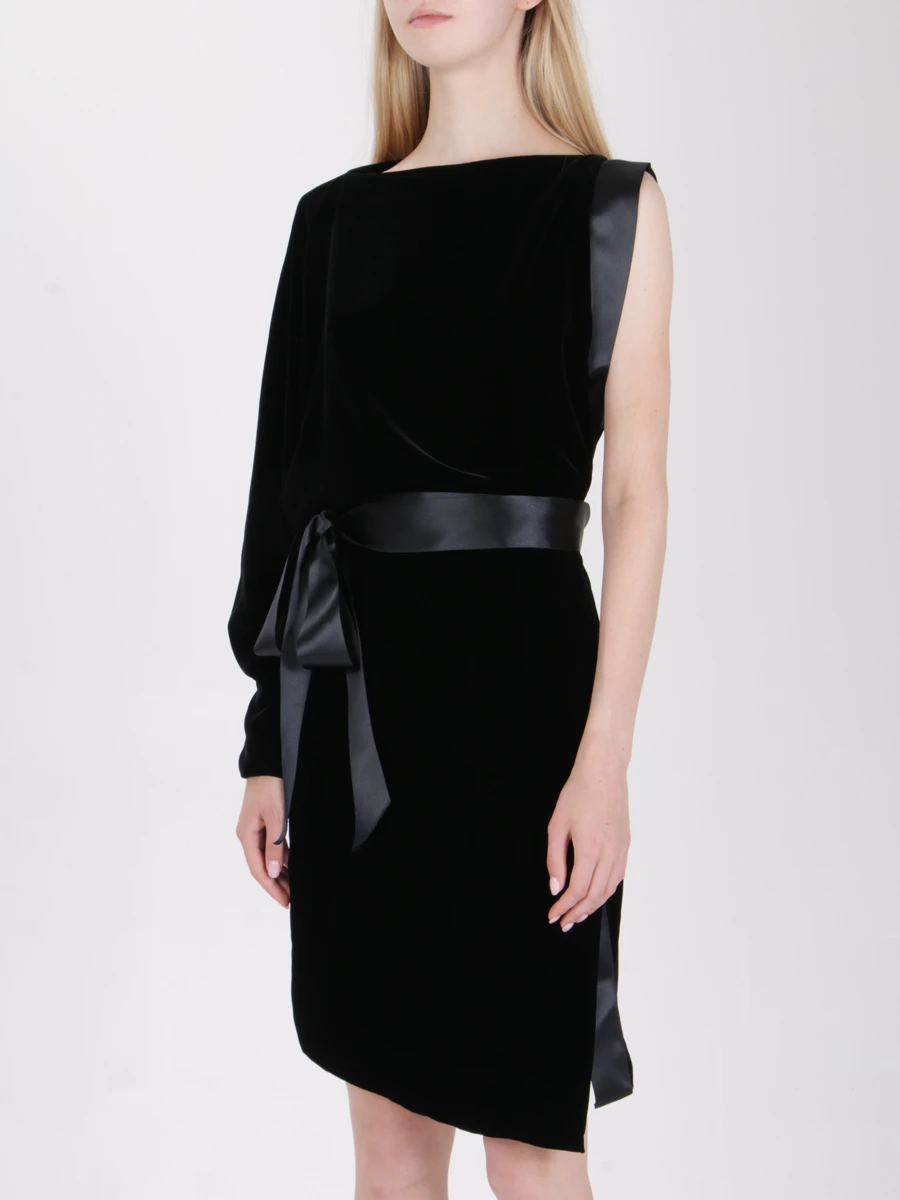Платье бархатное с поясом ALEXANDRE VAUTHIER DR713/бархат/1 рукав Черный Черный  Фото 4