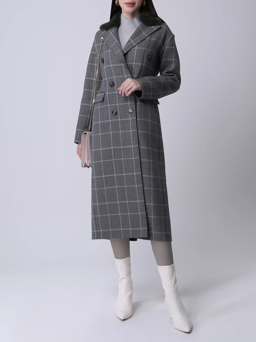 

Шерстяное пальто с мехом норки, Клетка, 19M548-GALV