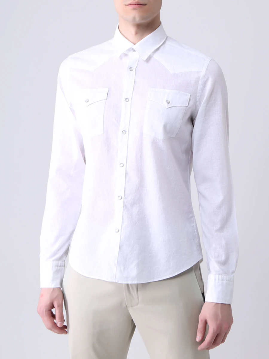 Рубашка Slim Fit из хлопка и льна FIORONI CASHMERE MCM20R504G1 0001 Белый  Фото 4