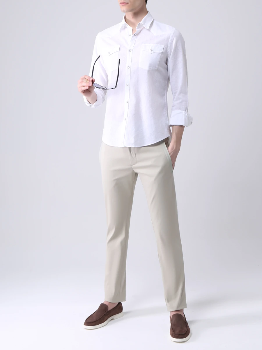 Рубашка Slim Fit из хлопка и льна FIORONI CASHMERE MCM20R504G1 0001 Белый  Фото 2