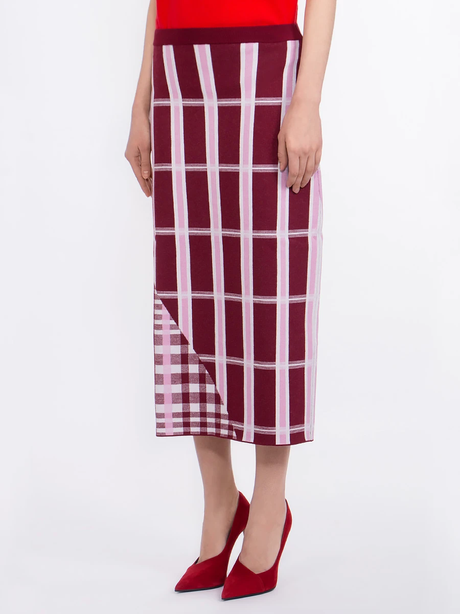 Трикотажная юбка VICTORIA BECKHAM SKKNT3112/клетка Бордовый Красный  Фото 2