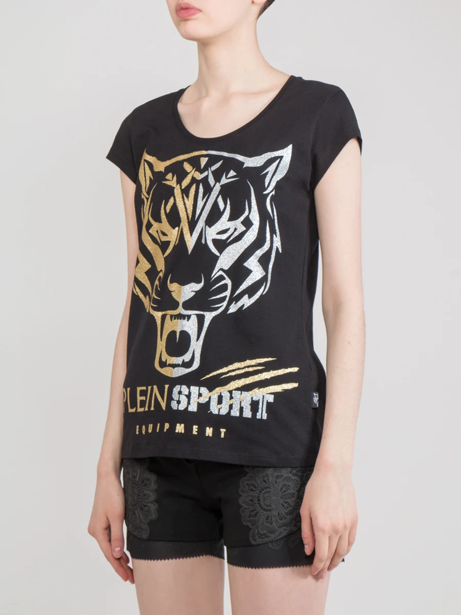 Хлопковая футболка PLEIN SPORT WTK0201 Черный/тигр зол сер Принт  Фото 2